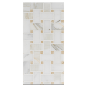 Mini Board Collection - MB220 - Calacatta Basketweave with 3/8" Crema Marfil Dot Honed Board - Elon Tile