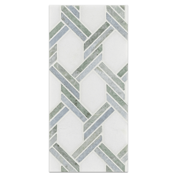 Mini Board Collection - MB231 - White Thassos with Ming Green and Blue Celeste Captiva Mosaic Polished Board - Elon Tile