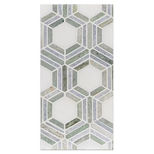 Mini Board Collection - MB237 - White Thassos with Ming Green and Blue Celeste Mosaic Polished Board - Elon Tile