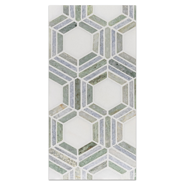 Mini Board Collection - MB237 - White Thassos with Ming Green and Blue Celeste Mosaic Polished Board - Elon Tile