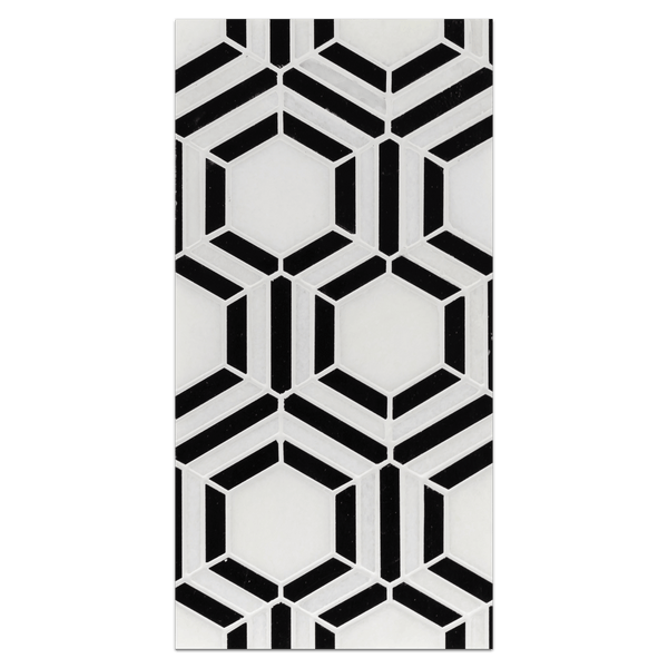Mini Board Collection - MB238 - White Thassos with Black Kaleidoscope Mosaic Polished Board - Elon Tile