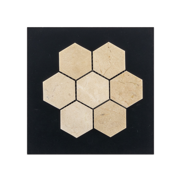 S106H - Tarjeta muestrario pulida con mosaico hexagonal Crema Marfil de 2"