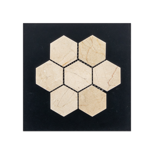 S106P - Tarjeta de muestra pulida con mosaico hexagonal Crema Marfil de 2"