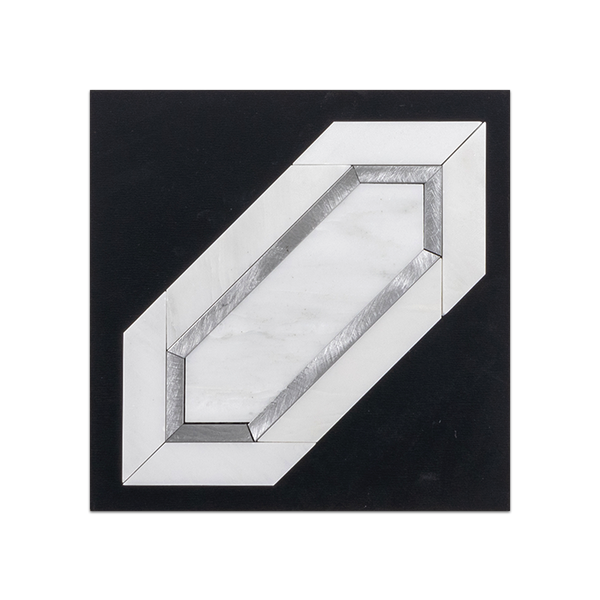 S22 - Piquete blanco perla con mosaico de aluminio plateado Tarjeta muestra pulida