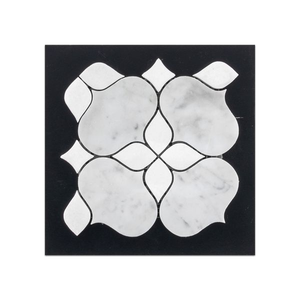 S226 - Silueta de Bianco Carrara con tarjeta muestrario pulida con mosaico de Thassos blanco