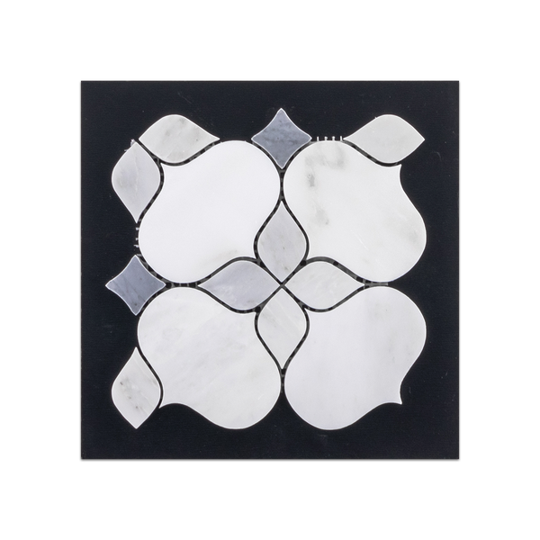 S228 - Silueta blanca perla con tarjeta muestrario perfeccionada con mosaico gris místico y Bardiglio Nuvolato