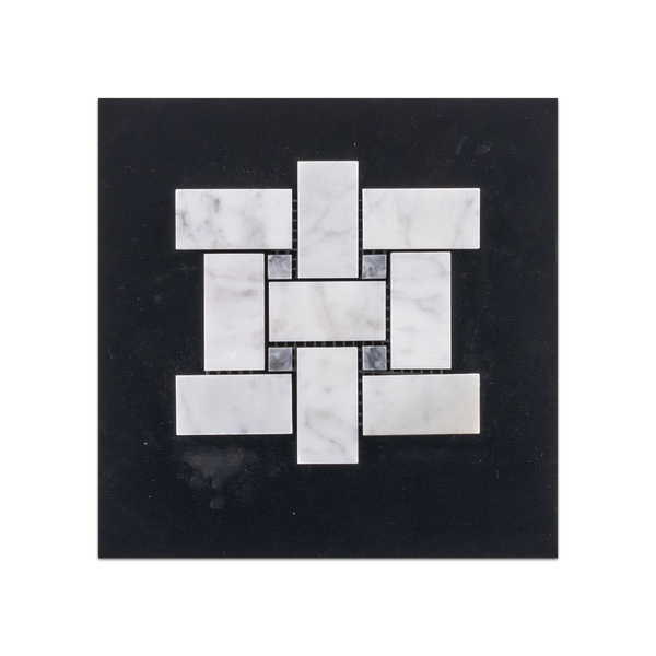 S34 - Tejido de cesta Bianco Carrara con tarjeta de muestra pulida con mosaico de puntos de 3/8" en gris Pacífico