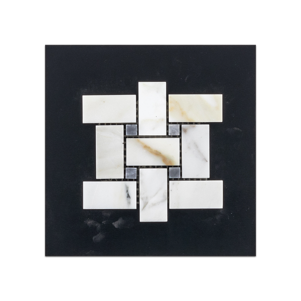 S39 - Tejido de cesta dorado Calacatta con tarjeta de muestra pulida con mosaico de puntos de color gris Pacífico de 3/8"