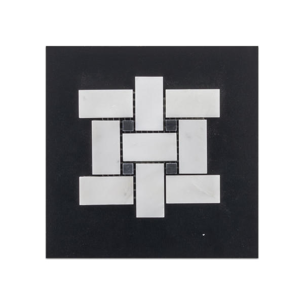 S47H - Tejido de cesta blanco perla con tarjeta de muestra pulida con mosaico de puntos negro de 3/8"