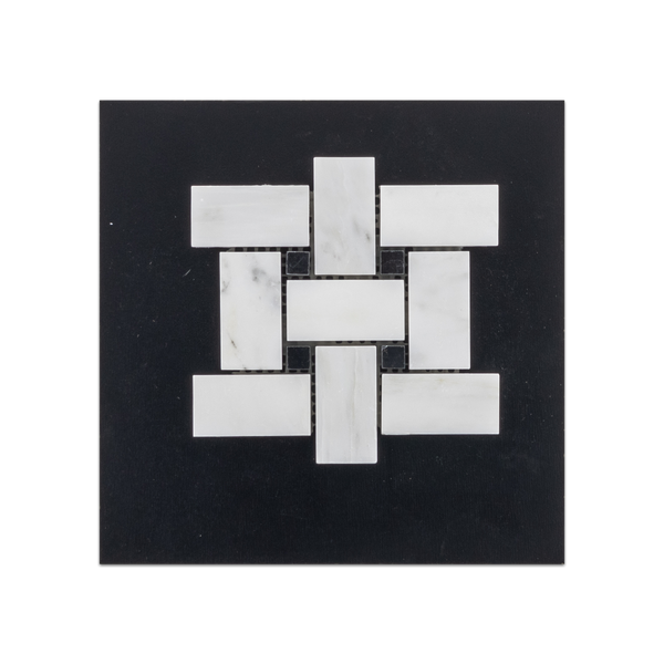 S47P - Tejido de cesta blanco perla con tarjeta de muestra pulida con mosaico de puntos negro de 3/8"