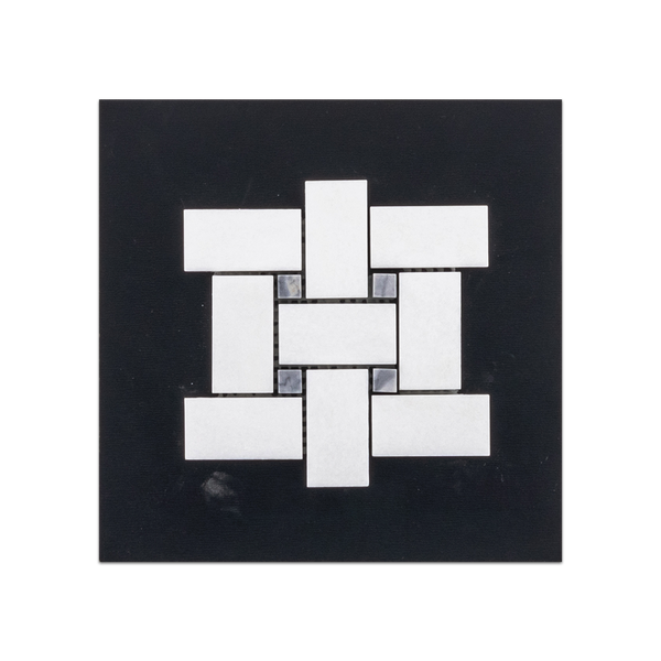 S54H - Tejido de cesta Thassos blanco con tarjeta de muestra pulida con mosaico de puntos gris Pacífico de 3/8"