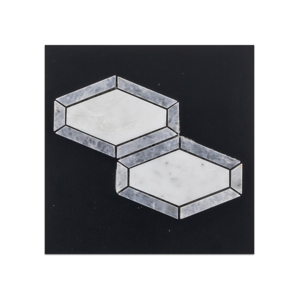 S66 - Tarjeta muestrario pulida con mosaico blanco perla y Diamondback gris pacífico