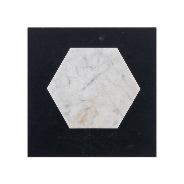 S97 - Tarjeta muestrario pulida con mosaico hexagonal Bianco Oro de 5"
