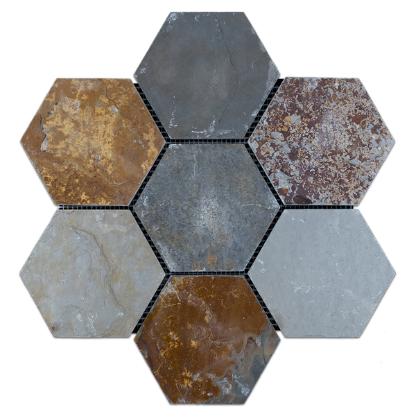 Rustic Multicolor Slate 5" Hexagon Mosaic Cleft - Elon Tile