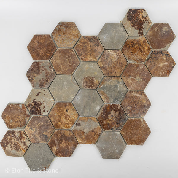 **LIMITED STOCK** Rustic Multicolor Slate 5" Hexagon Mosaic Cleft