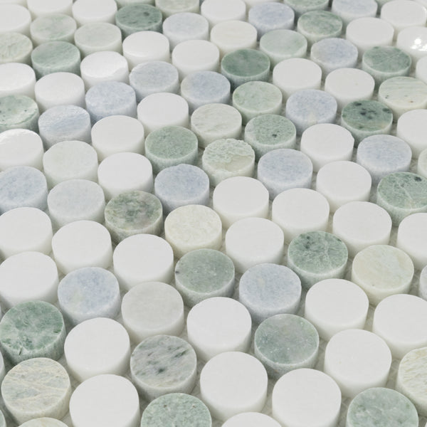 Tri-Blend 1" Rounds (Ming Green/White Thassos/Blue Celeste) Mosaic Polished - Elon Tile & Stone