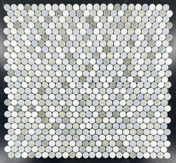 Tri-Blend (Ming Green/White Thassos/Blue Celeste) 1" Rounds Mosaic Polished - Elon Tile & Stone