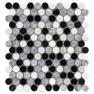 Pearl White 1" Rounds Tri-Blend (Pearl White/Pacific Gray/Black) Mosaic Polished - Elon Tile