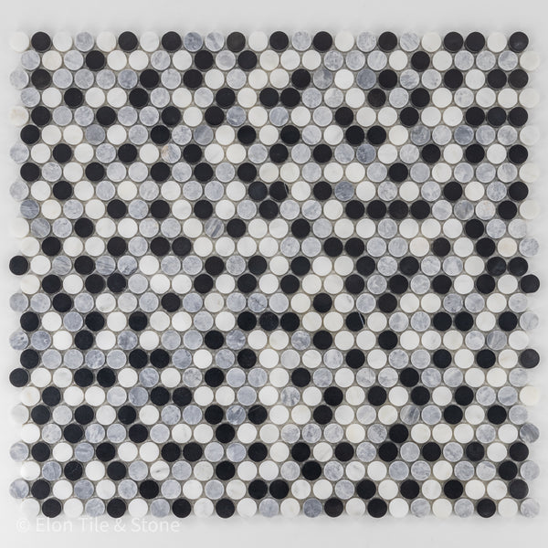 Tri-Blend - Mosaico redondo pulido de 1" blanco perla/gris pacífico/negro