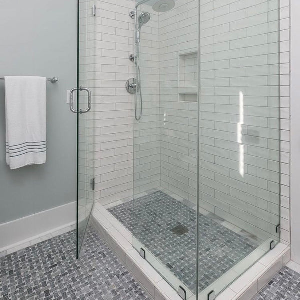 Pacific Gray Basketweave with White Absolute Dot Mosaic Honed - Elon Tile & Stone